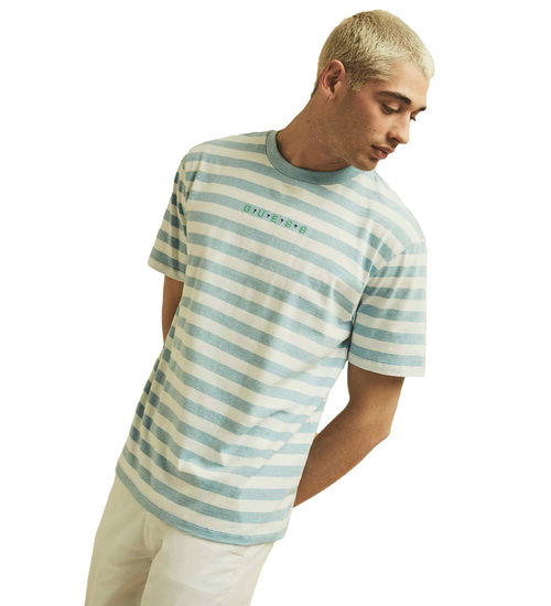 GUESS HERREN T-SHIRT GO SS LOGO STRIPE TEE WHITE-BLAU M1GI12RAGP0 S7H1 - Größe: L
